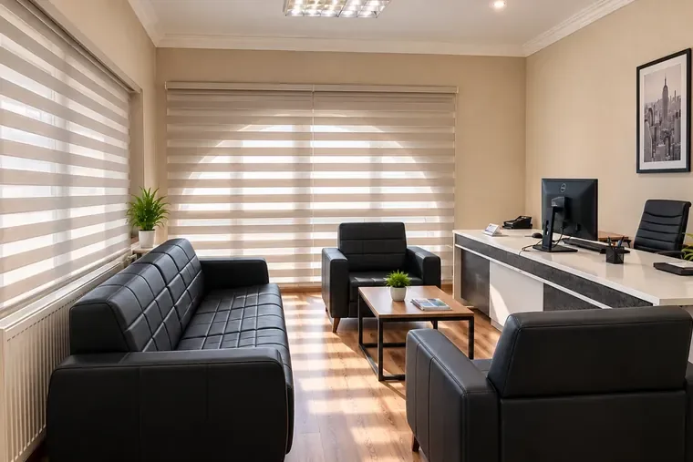 Balgat şubesinde deri koltuklu bekleme alanı ve çalışma masası